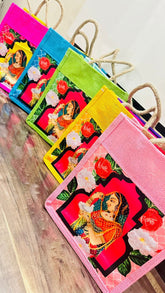 Jute Bags with Maharani Print for Return Gifts Thamboolam Bags Wedding Gifts Lunch Bag Multicolor 10*9*4 inches Gifts